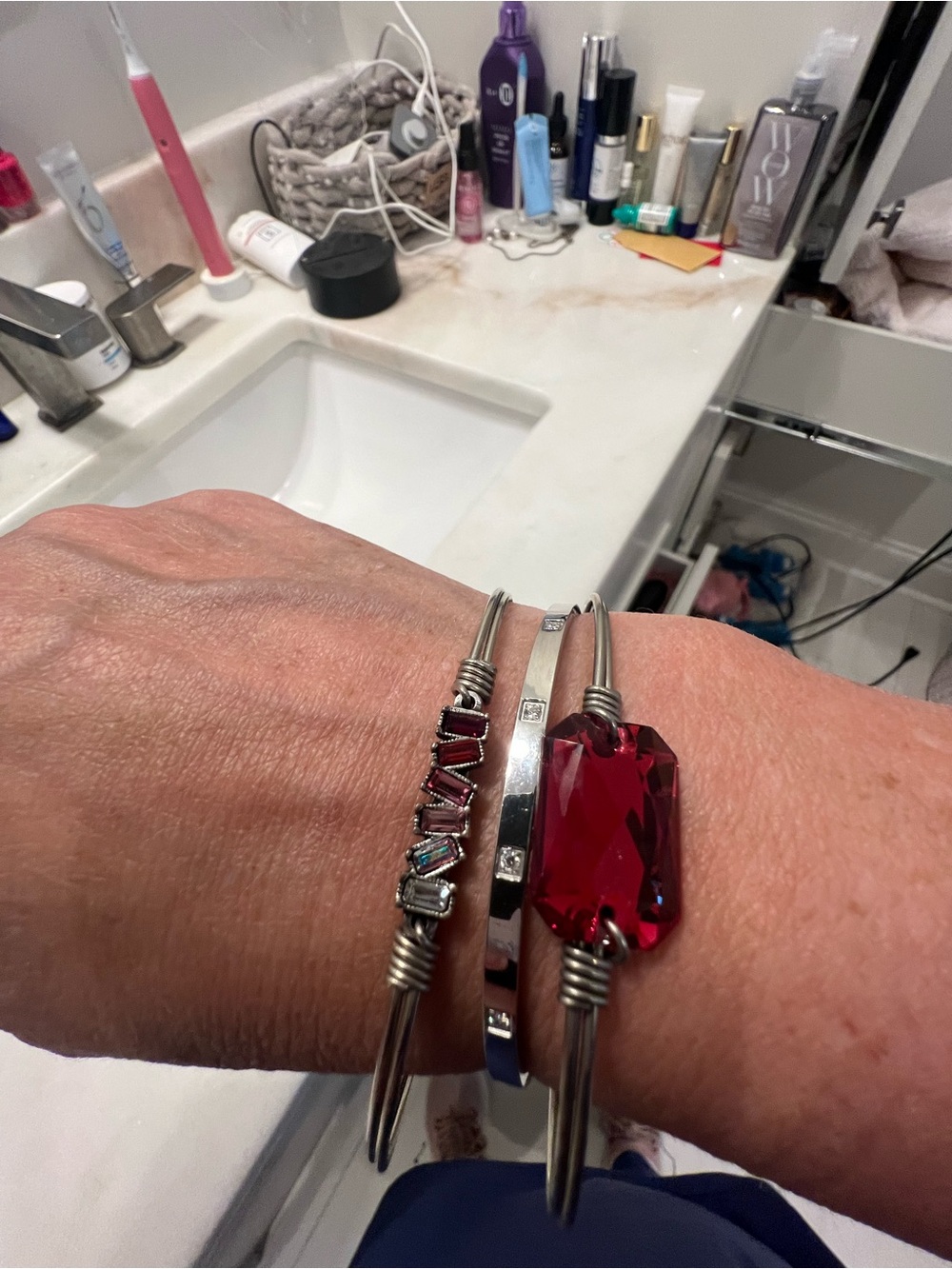 Silver-Tone Bracelet Set with Deep Red Crystal Accent - Women Jewelry